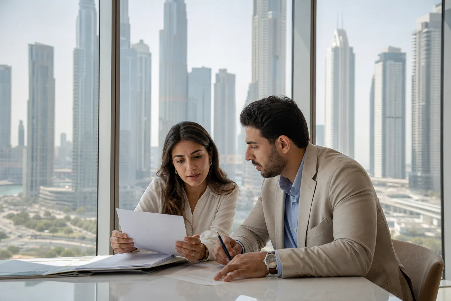 Couple examinant des documents attablé dans un bureau lumineux avec vue sur les gratte-ciel de Dubaï en arrière-plan