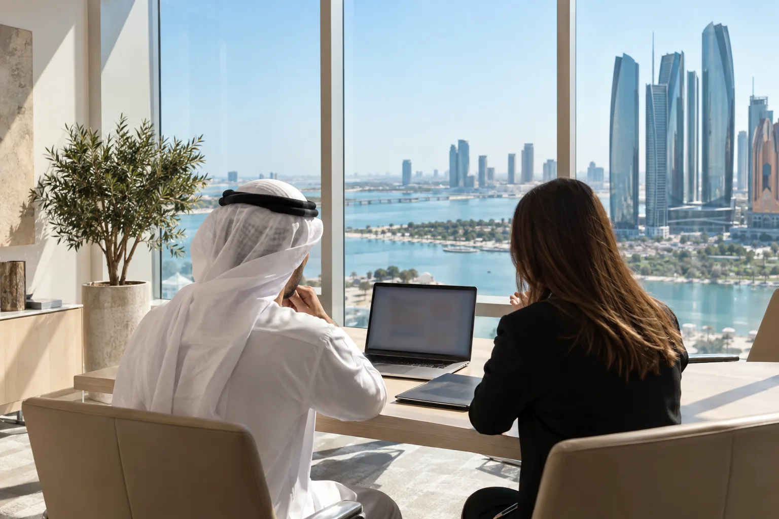 Bright office in Abu Dhabi, an advisor and a client seen from behind at a laptop during the property transfer