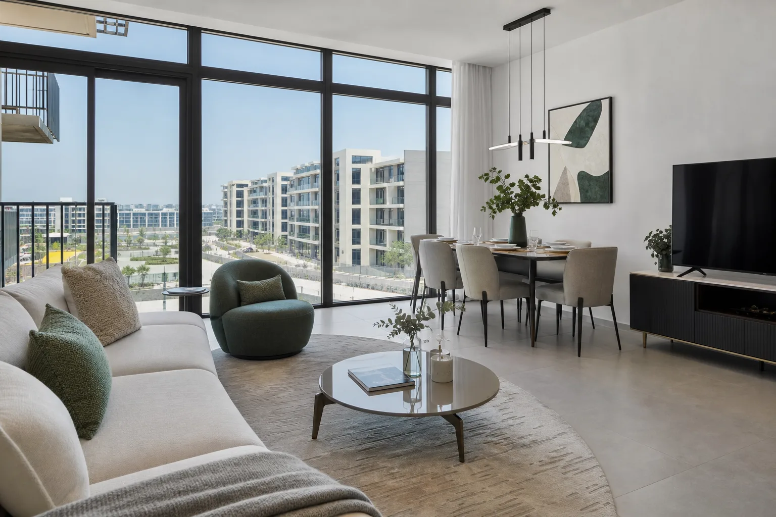 Appartement témoin lumineux avec baie vitrée donnant sur un quartier résidentiel récent du sud de Dubai