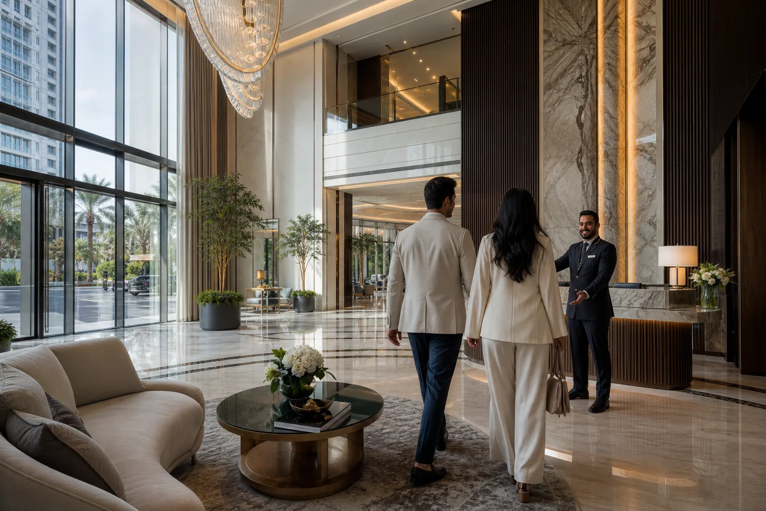 Refined lobby of an upscale residential tower with a uniformed concierge welcoming an elegant couple
