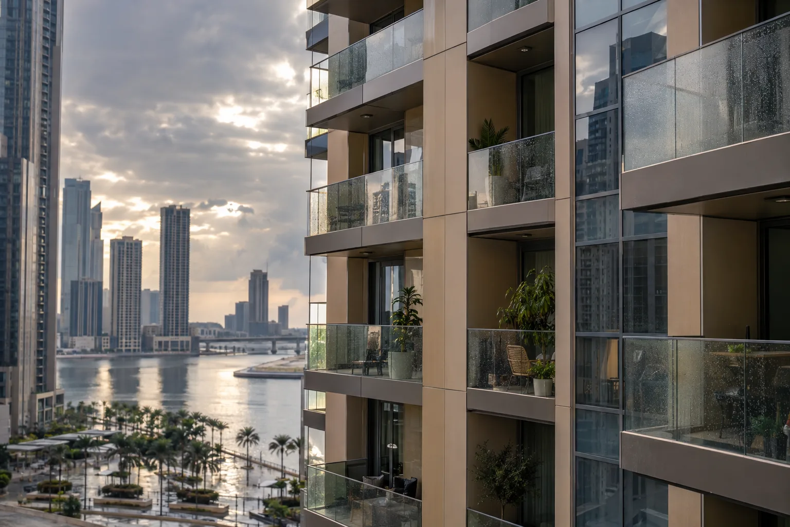 Facade detail of a residential tower on Reem Island after rain, glazed balconies and plants