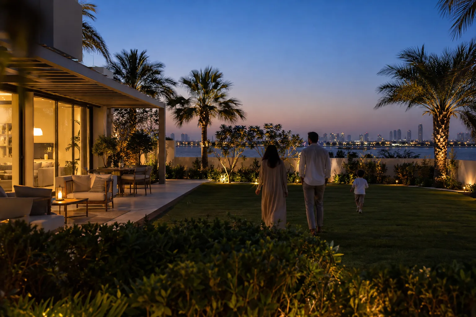 Family seen from behind in a villa garden at dusk, a child running across the lawn