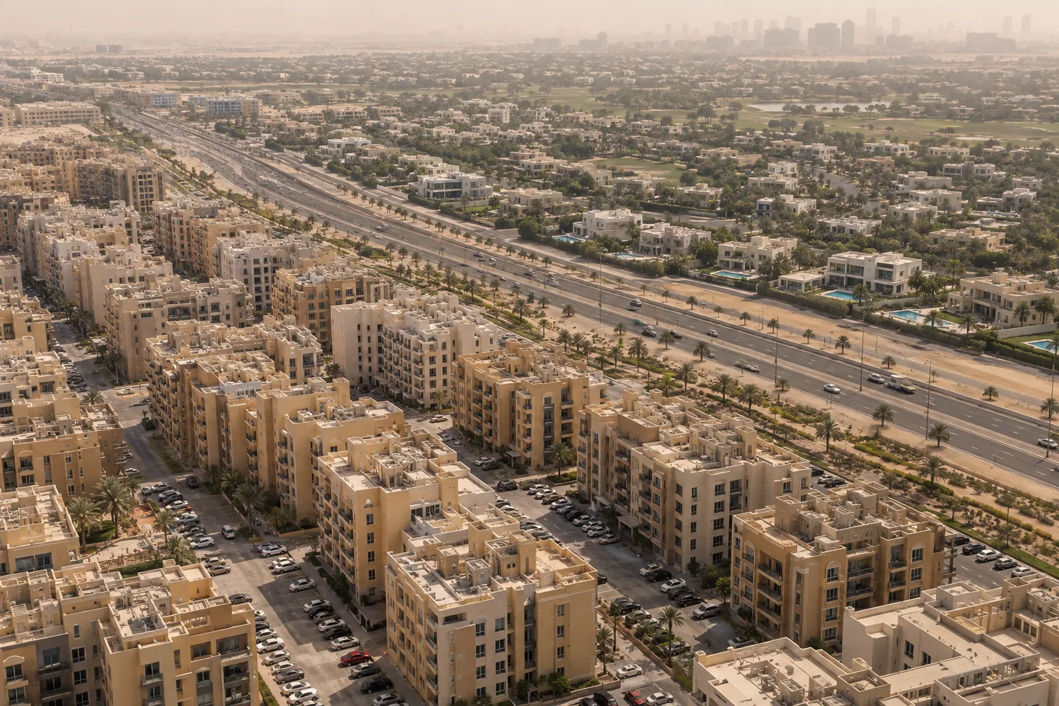 Oblique aerial view in Dubai: dense mid-rise buildings in the foreground, a large villa district with pools in the background
