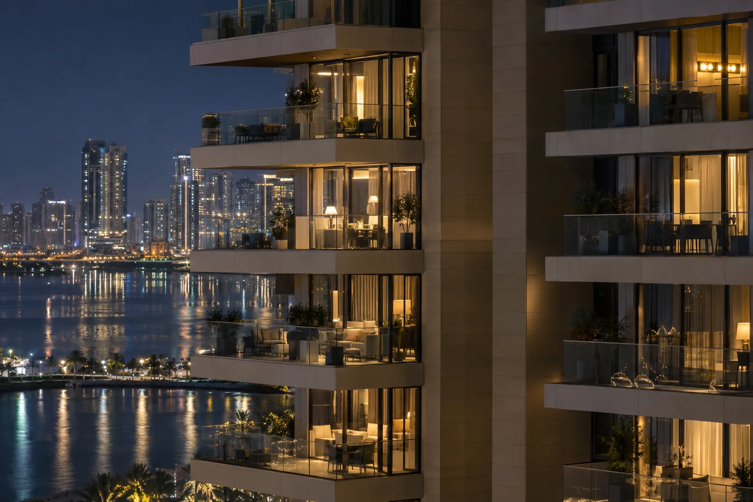 Night-time detail of a residential façade with lit balconies and glass balustrades