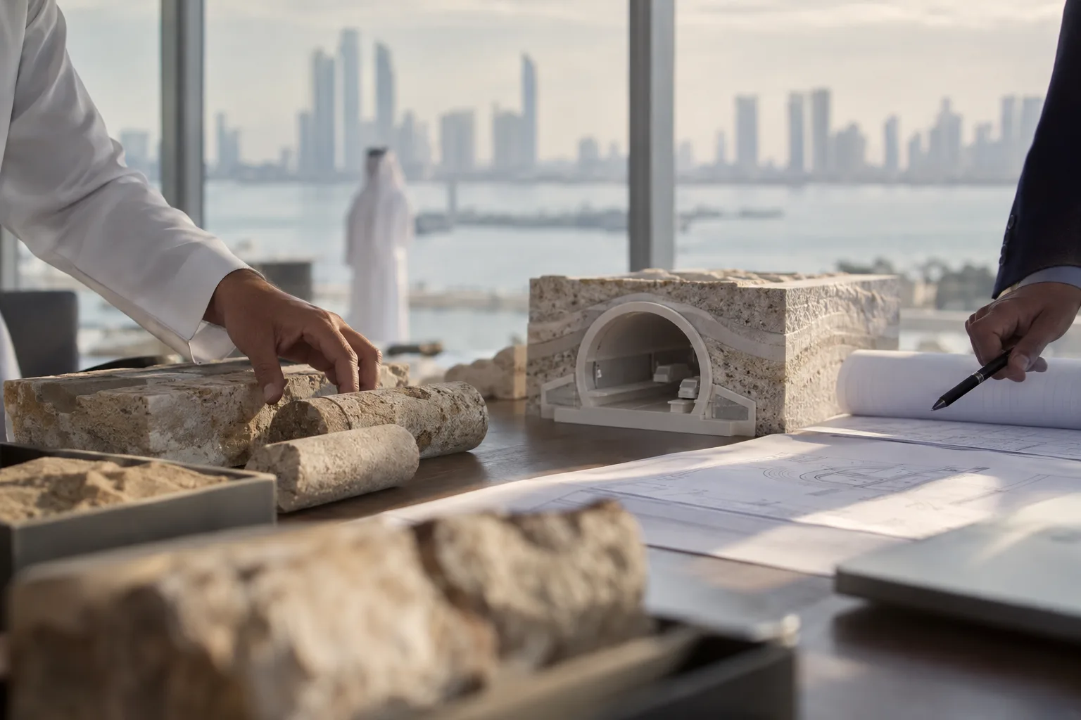 Engineers' hands above soil samples and a cross-section tunnel model on a table