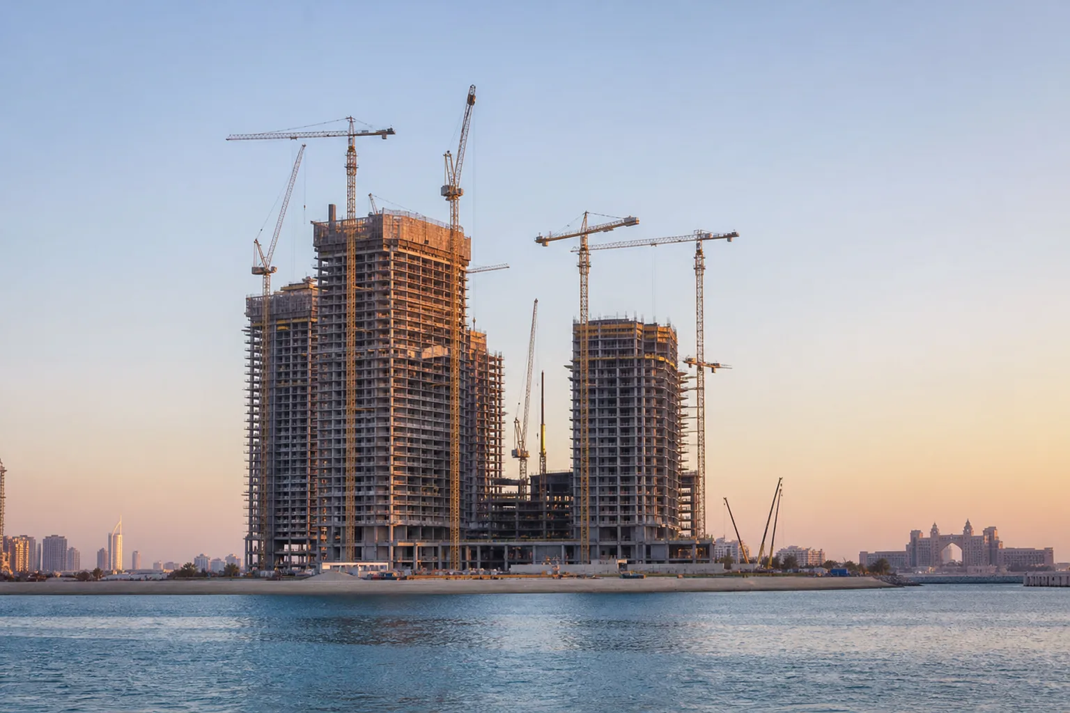 Nuevas torres residenciales en construcción sobre el tronco de la isla rodeadas de grúas al amanecer