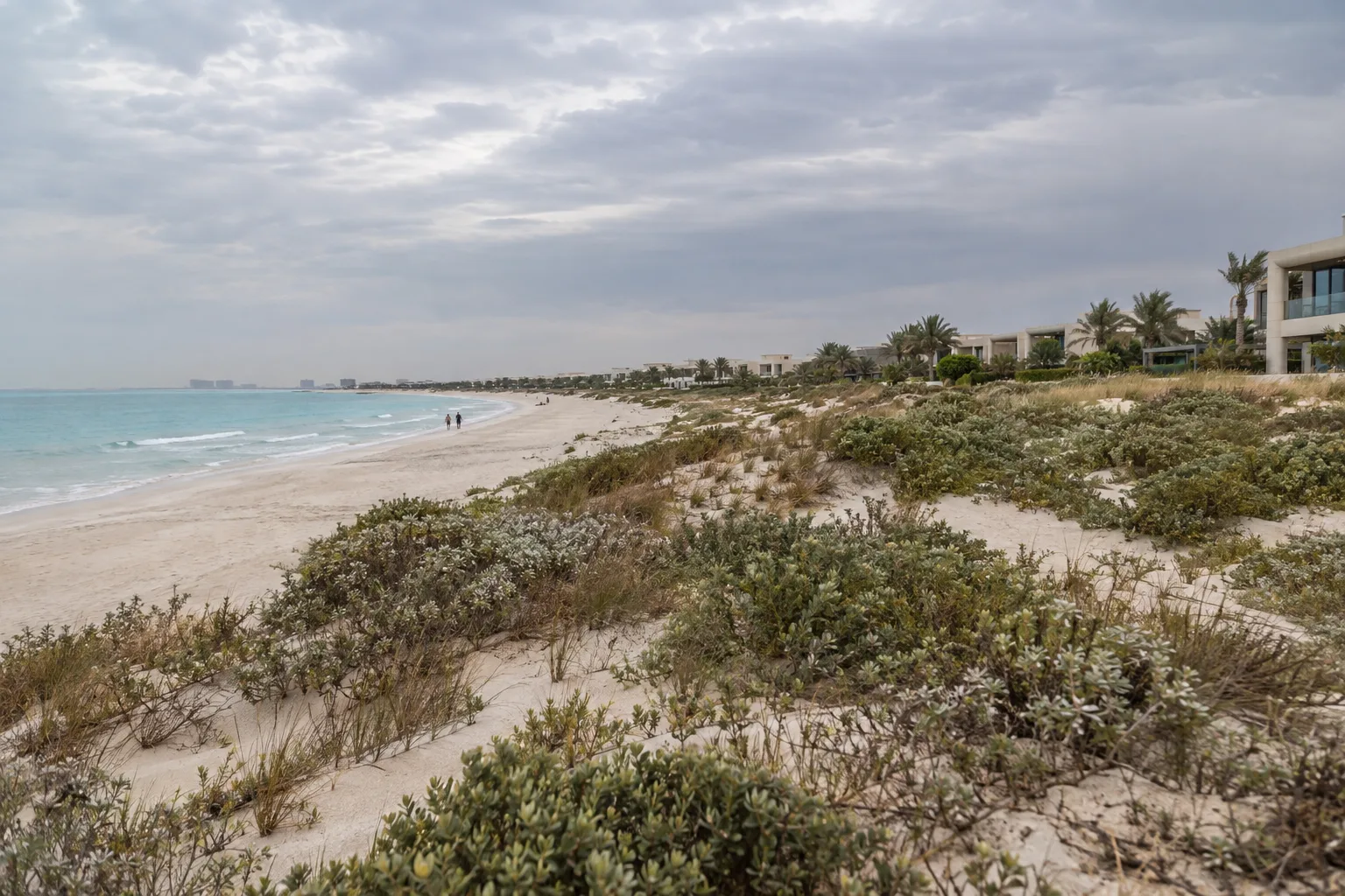 Saadiyat Island shoreline with low dunes and vegetation, villas and low-rise buildings set back under a grey sky
