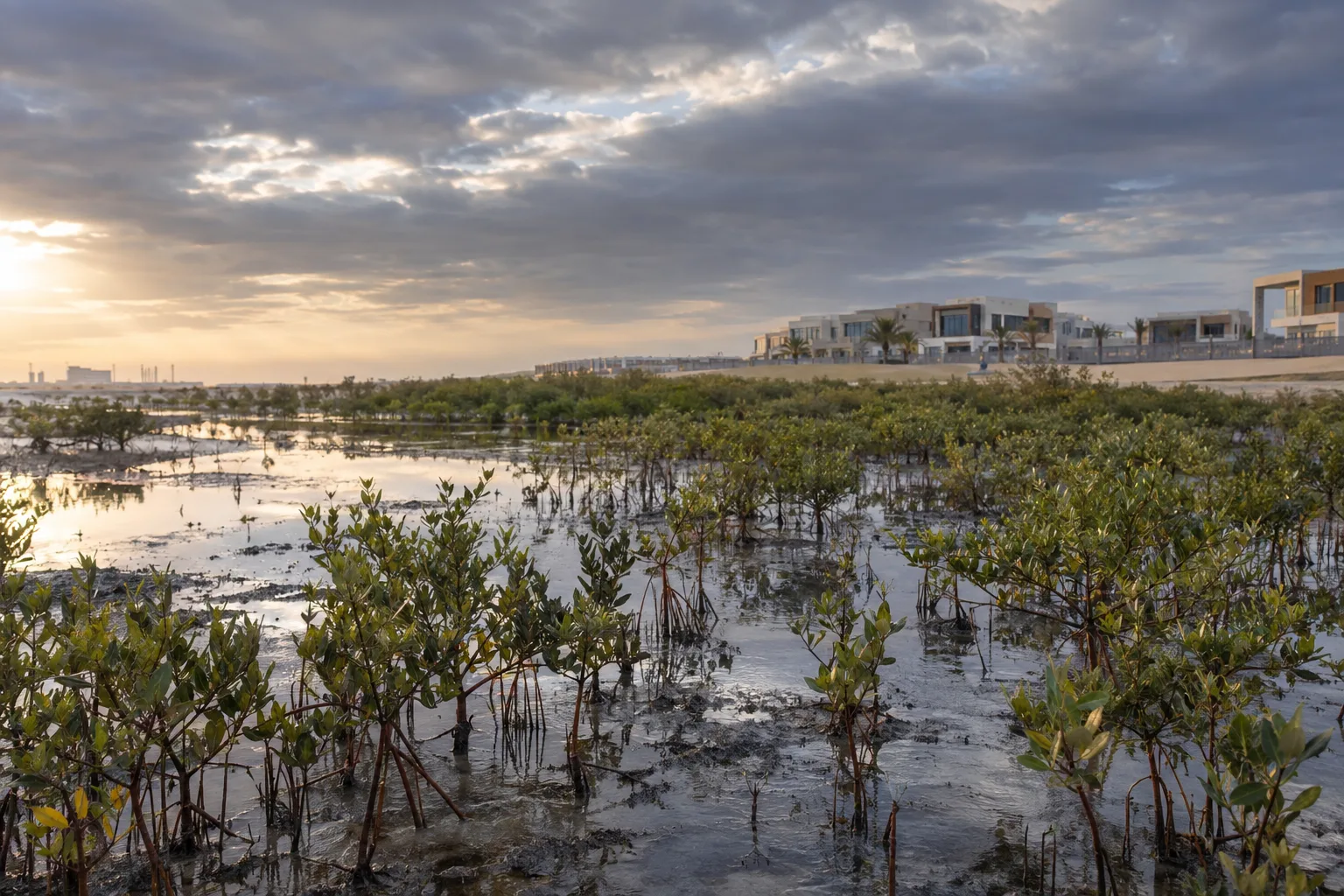 Wet mangroves along the shoreline after a rain shower, with new low-rise buildings in the distance