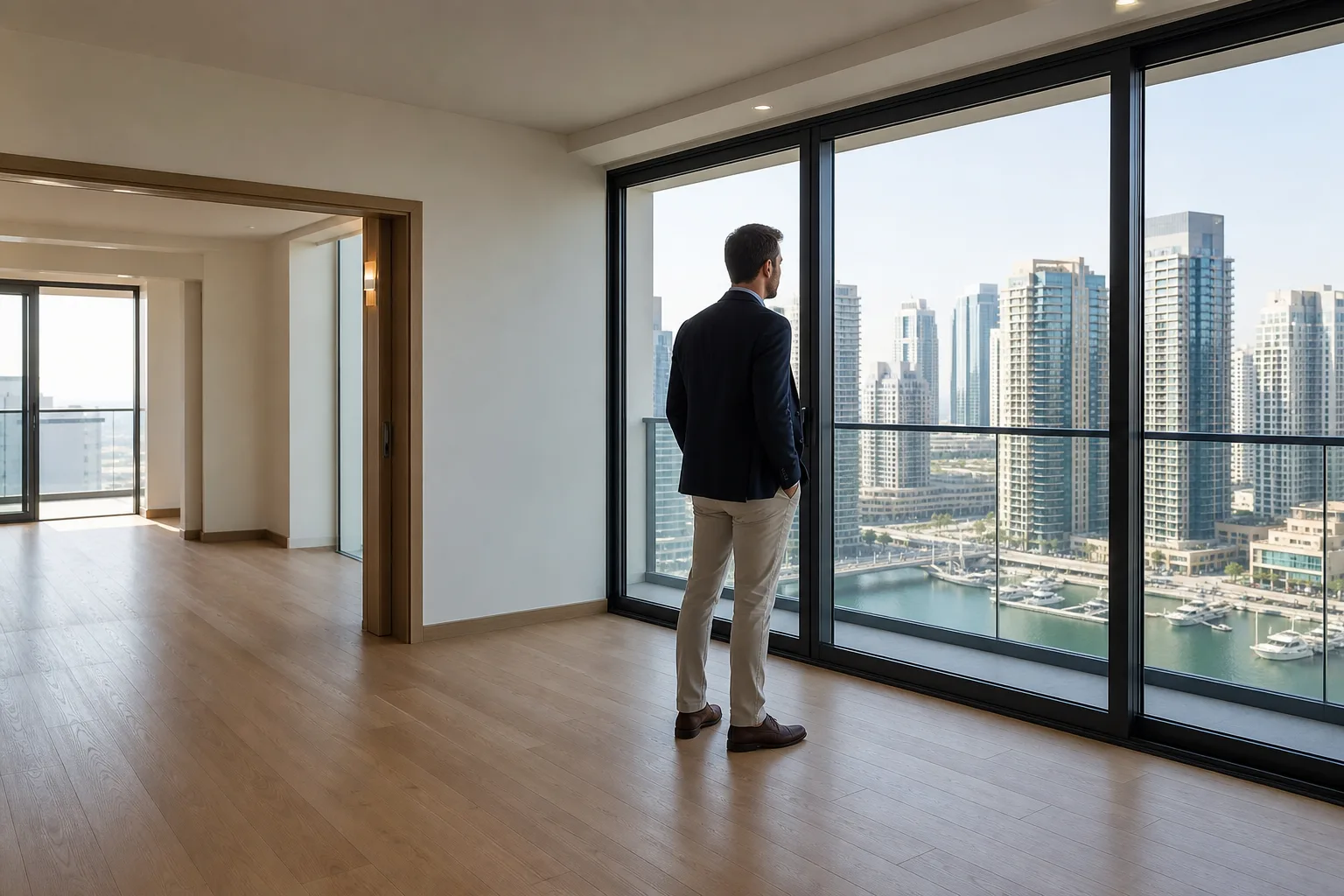 Visiteur inspectant attentivement un appartement vide avec parquet clair et grandes baies vitrées sur la ville
