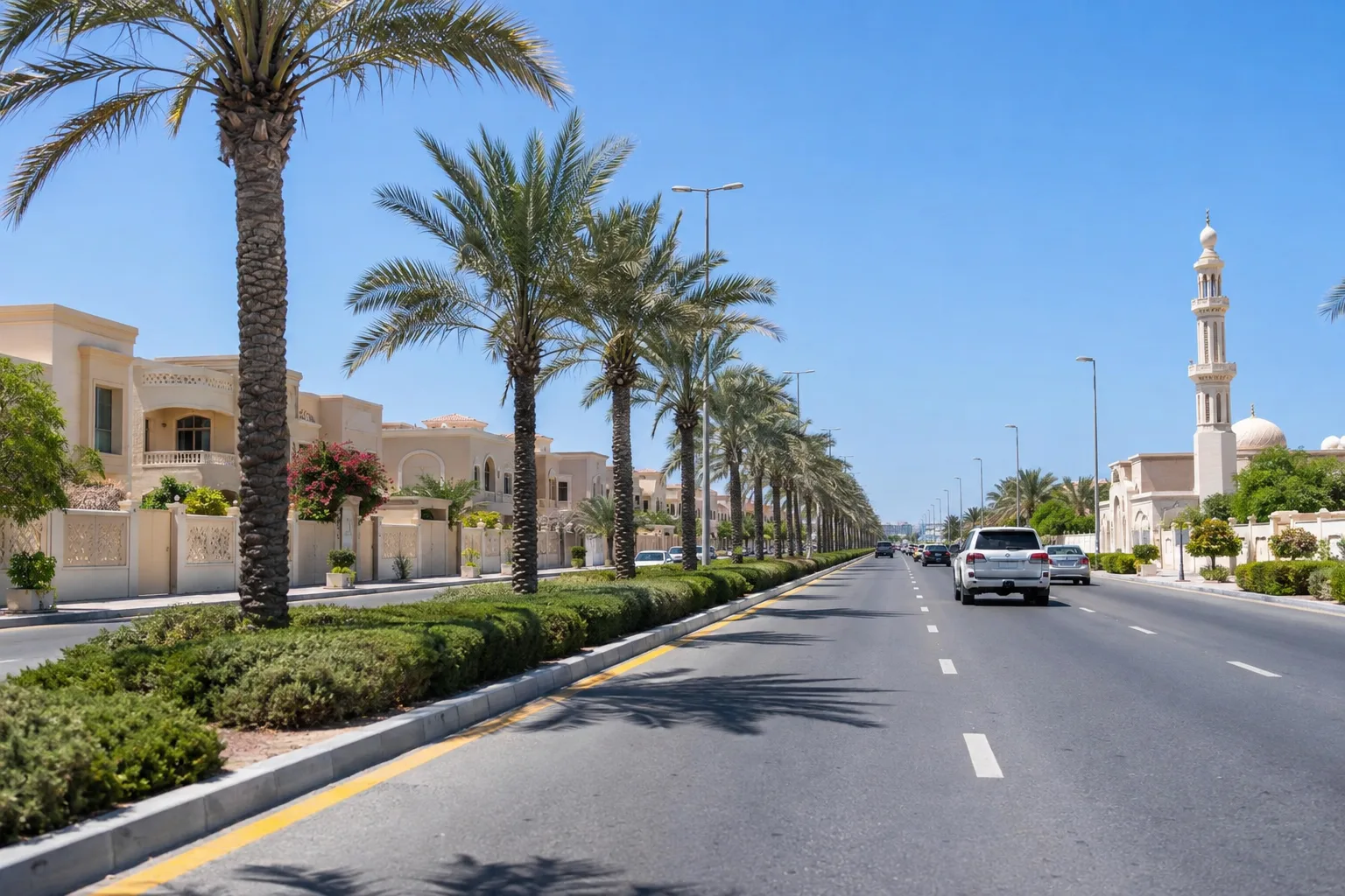 Residential boulevard in Al Bahyah lined with low-rise villas and palm trees under the midday sun