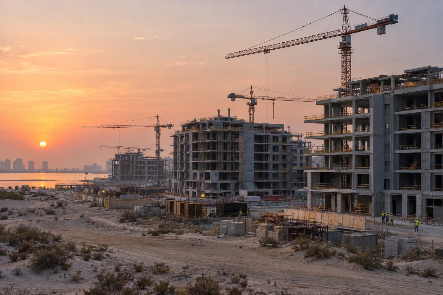 Residential building site on Yas Island at sunrise, cranes and workers in the distance
