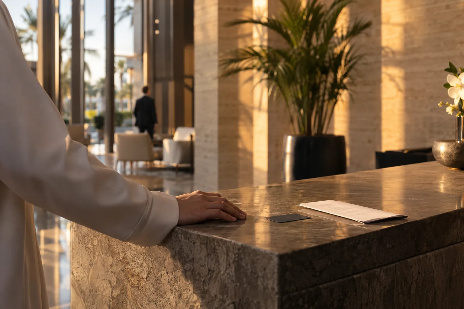 Hand resting on the stone counter of a newly delivered building lobby, next to an access card
