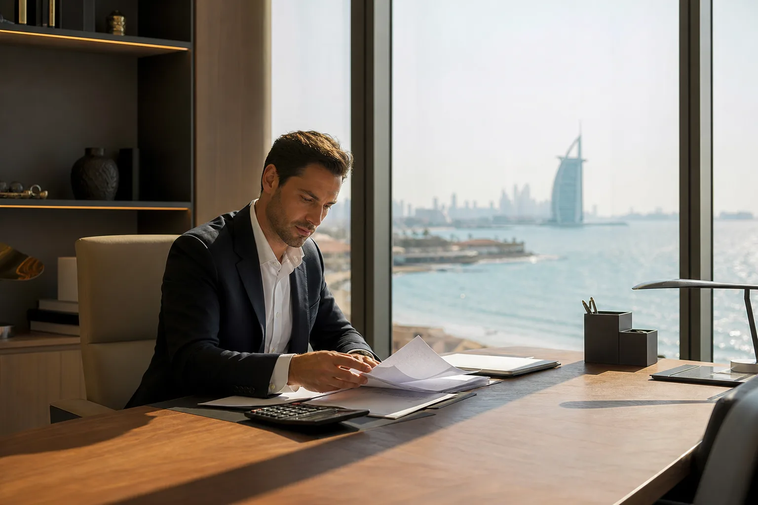Bureau de conseil élégant avec vue sur la mer et documents posés sur une table en bois