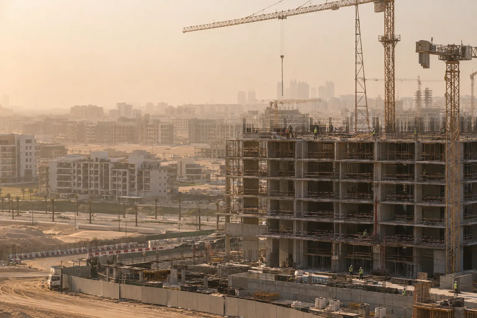 Residential building under construction at Dubailand Residence Complex, workers in the distance, in a dust haze