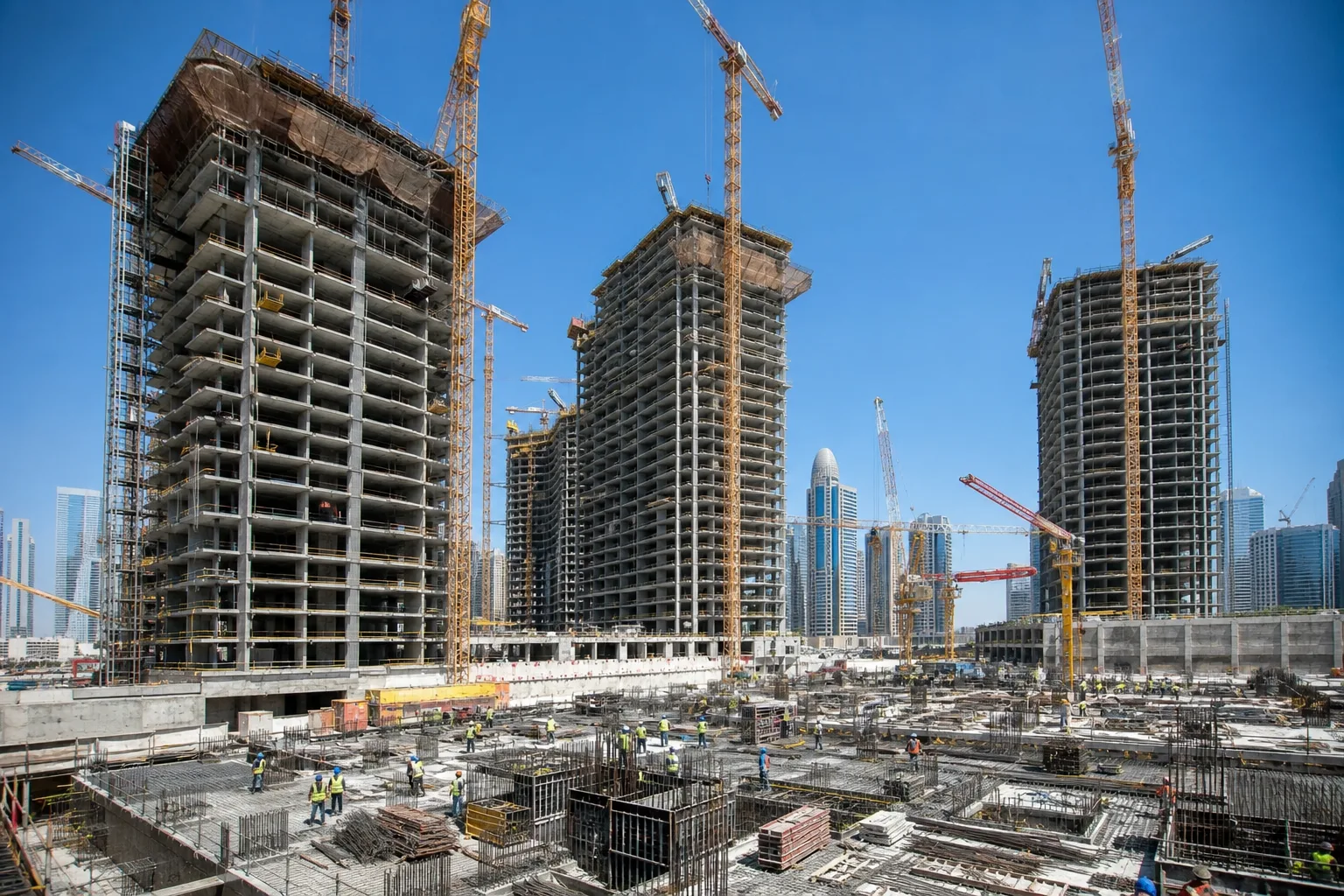 Residential tower construction site with cranes under a blue sky in Dubai
