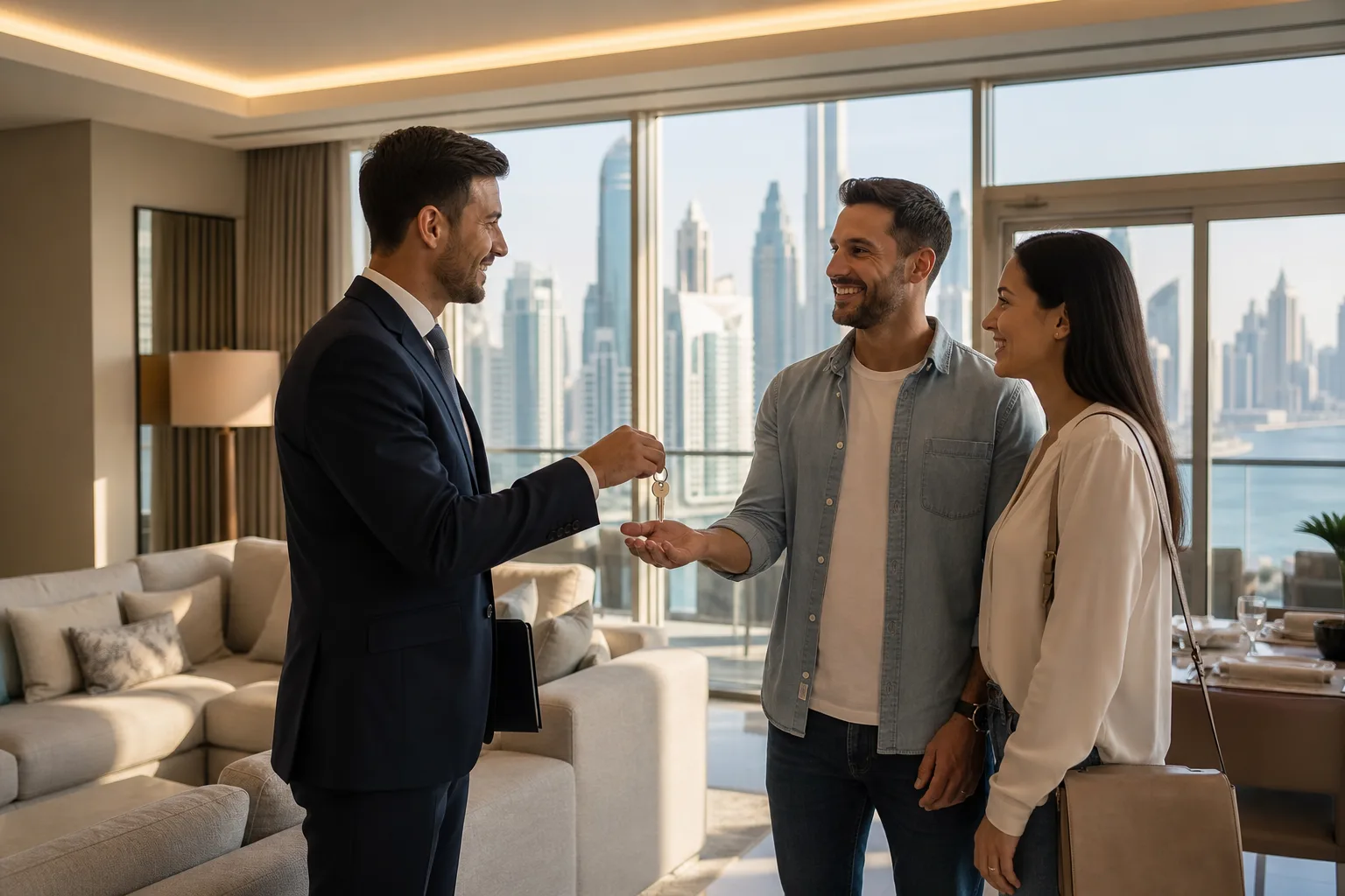 Entrega de llaves en un apartamento ya terminado y amueblado con vistas a la ciudad de Dubái