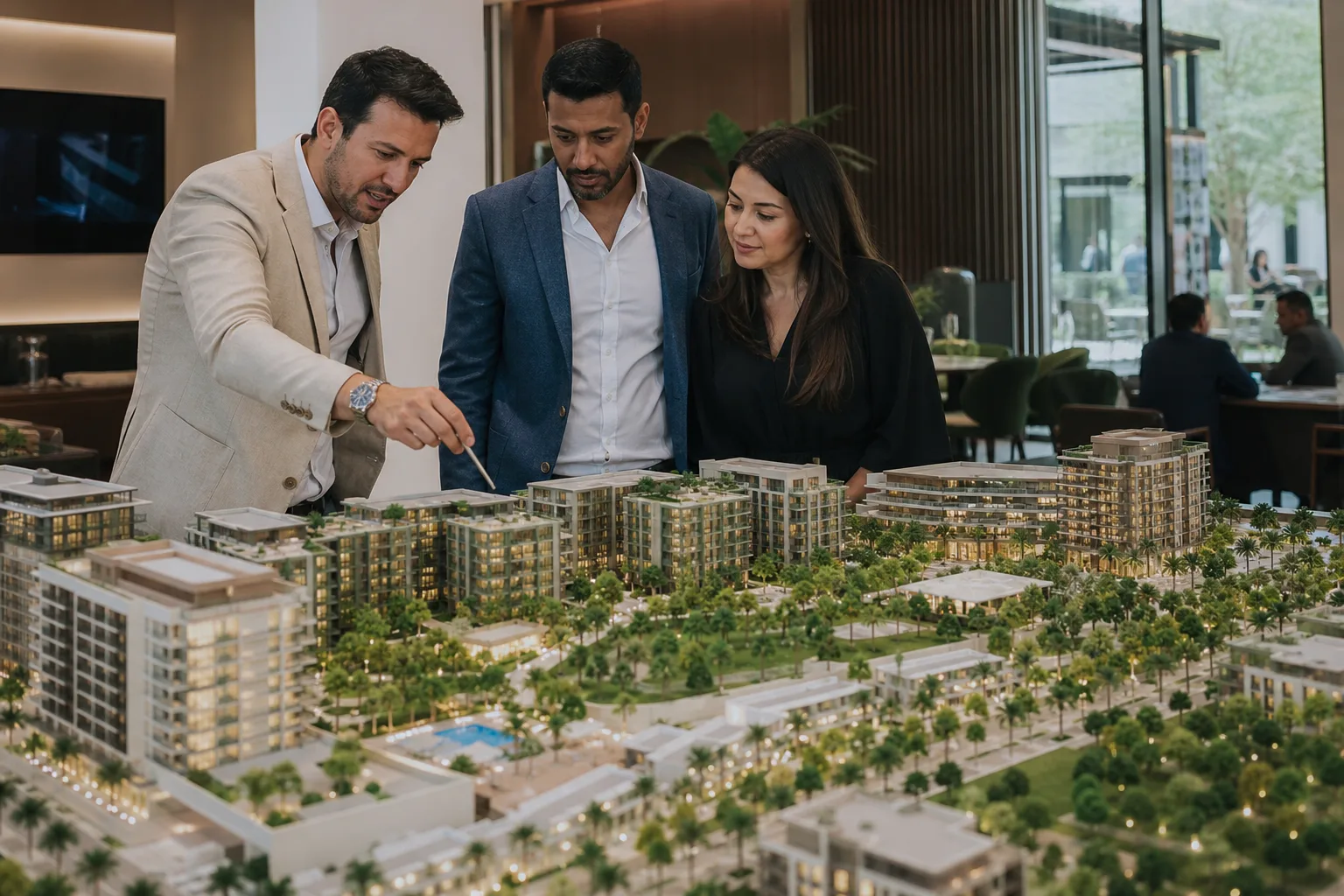 Maquette architecturale détaillée d'une résidence neuve présentée dans un showroom immobilier de Dubai