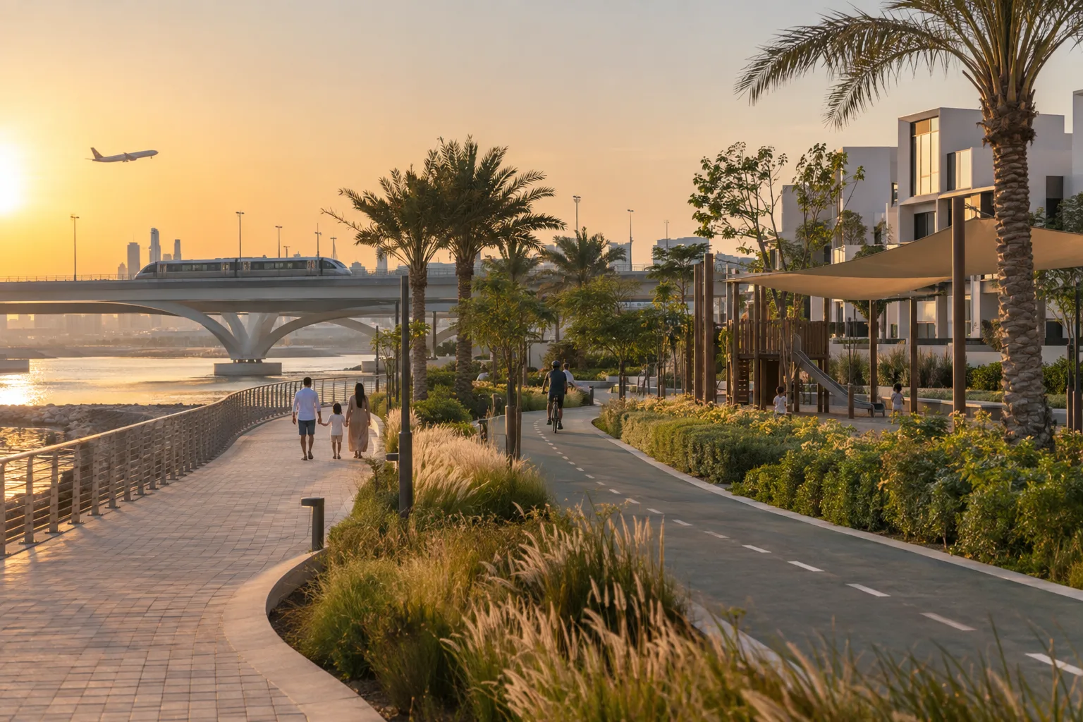 Residential promenade on Yas Island with a cycle path, playground and townhouses, a family in the distance
