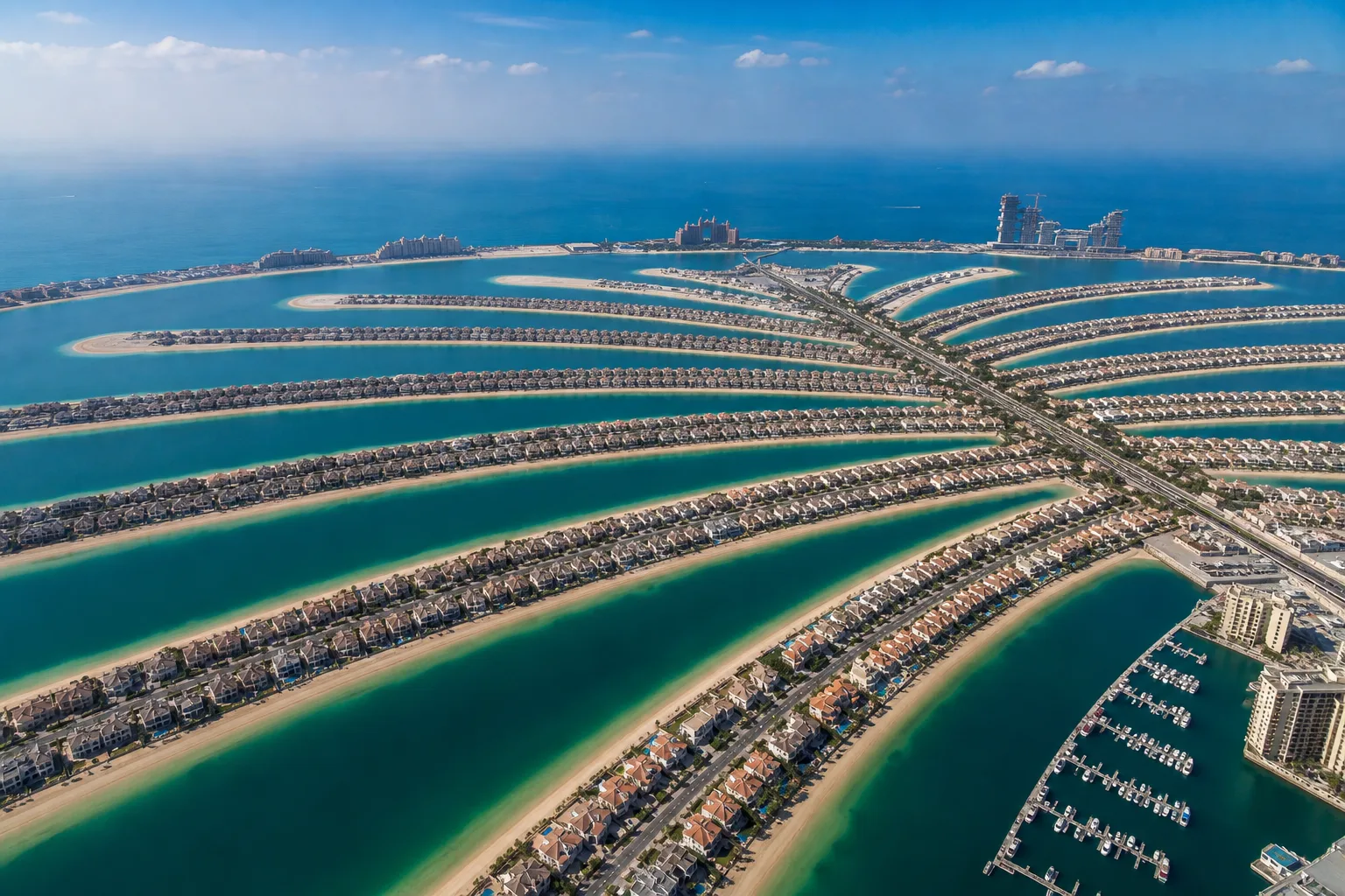 Aerial view of the villas and artificial archipelago of Palm Jumeirah on the edge of the Persian Gulf