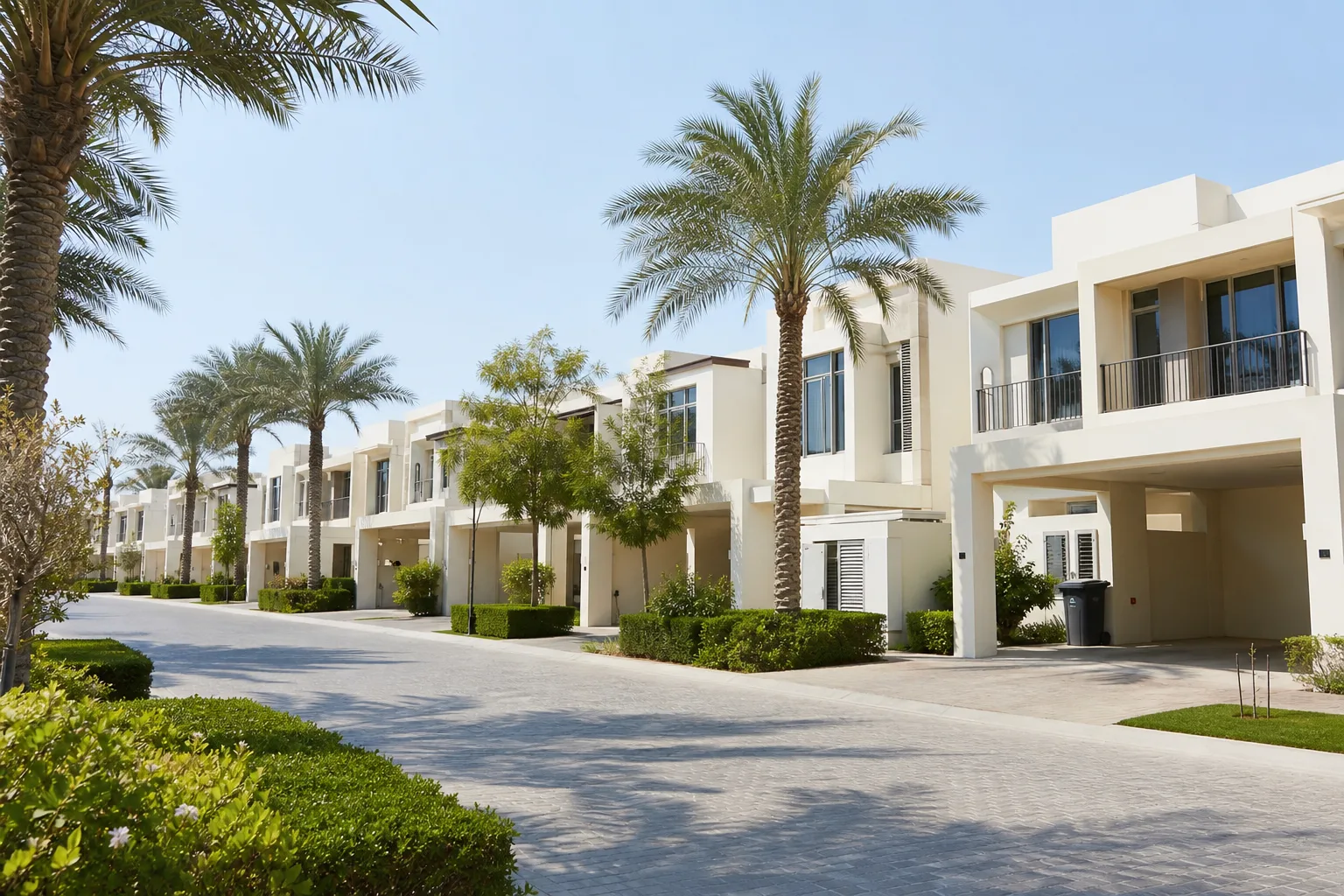 Row of modern townhouses with light-coloured facades along a palm-lined avenue