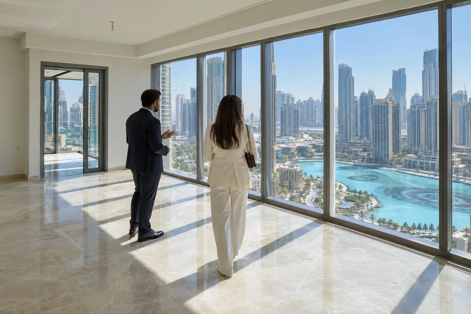 Viewing of an empty two-bedroom apartment in a Downtown Dubai tower, buyer seen from behind facing large bay windows