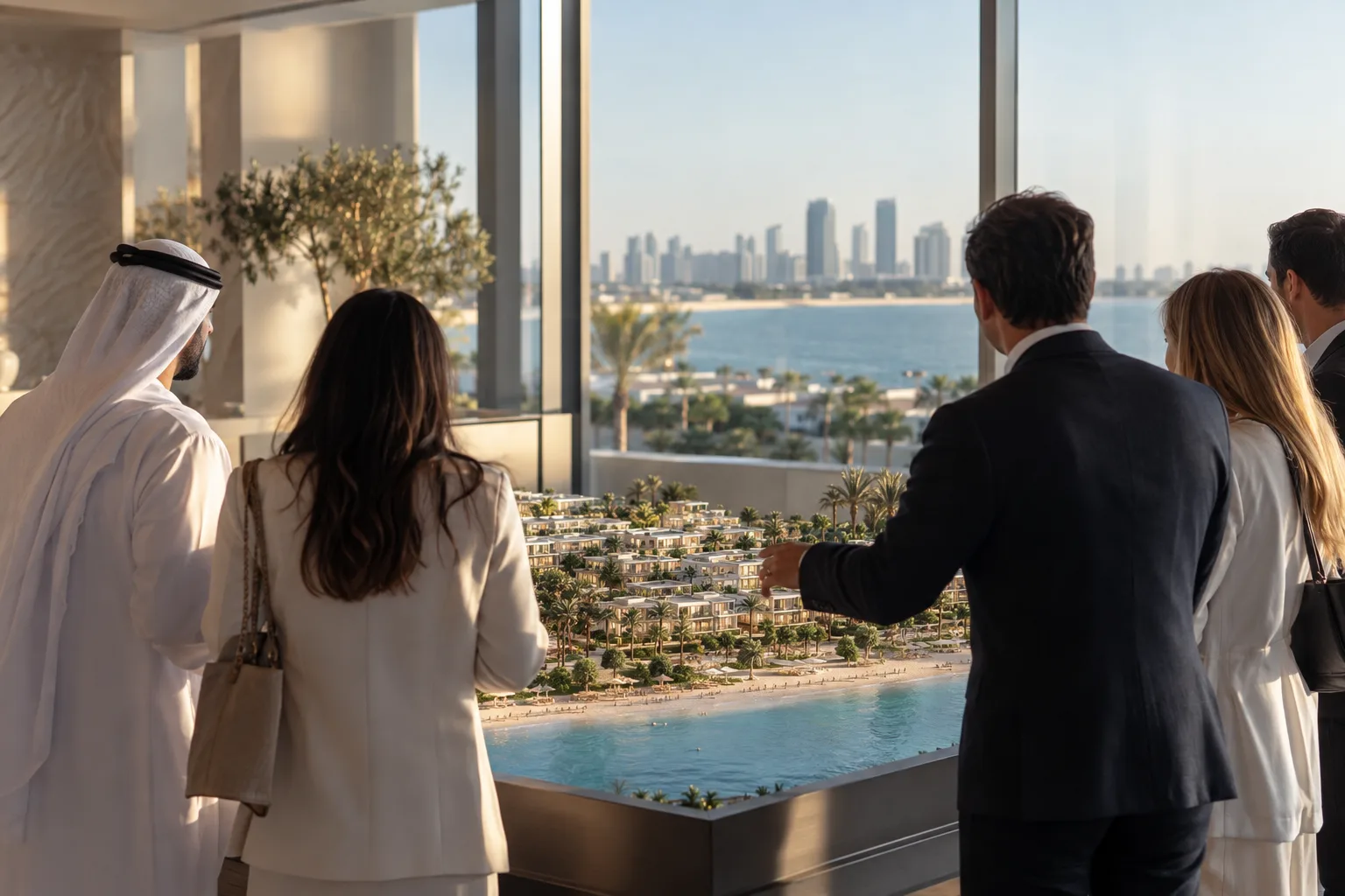 Buyers seen from behind gathered around a model of a beachfront residence on Saadiyat in a sales gallery