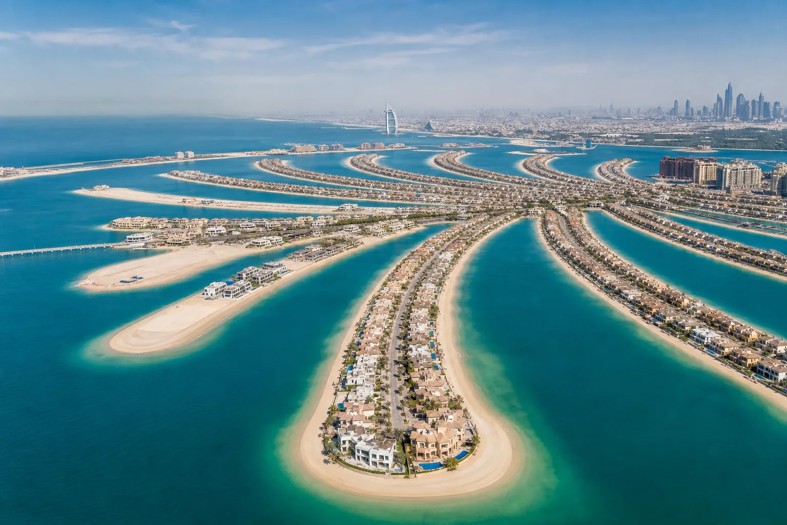 Vue aérienne des villas et de l'archipel en forme de palmier de Palm Jumeirah bordé par la mer turquoise
