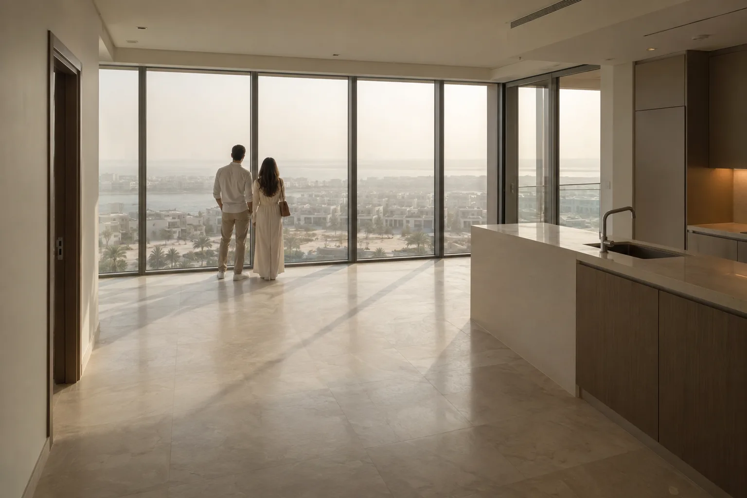Couple seen from behind viewing an empty Saadiyat Island apartment, in front of a picture window veiled by dust haze