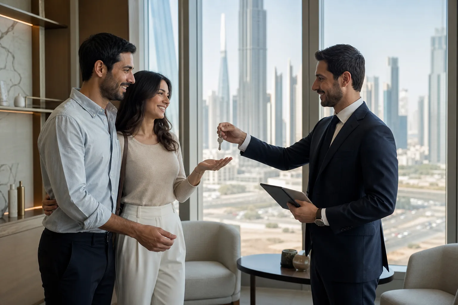 Couple receiving the keys in an elegant real estate office with a city view