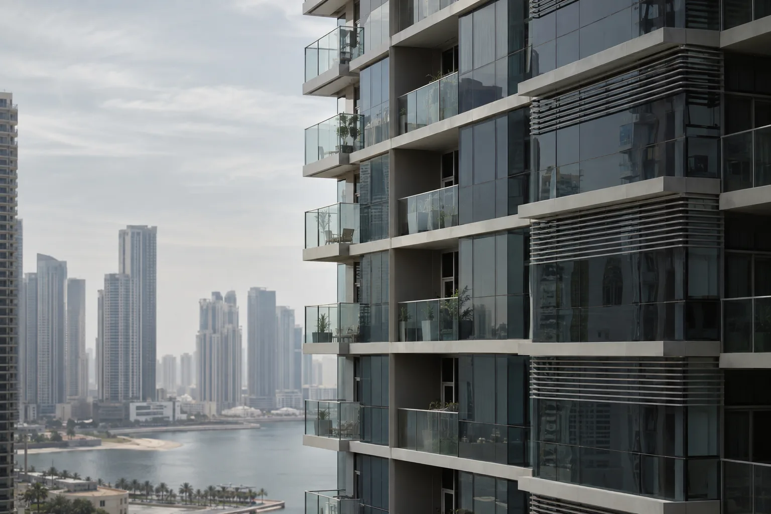 Glazed facade and sun-shading detail of a residential tower on Al Reem Island under an overcast sky