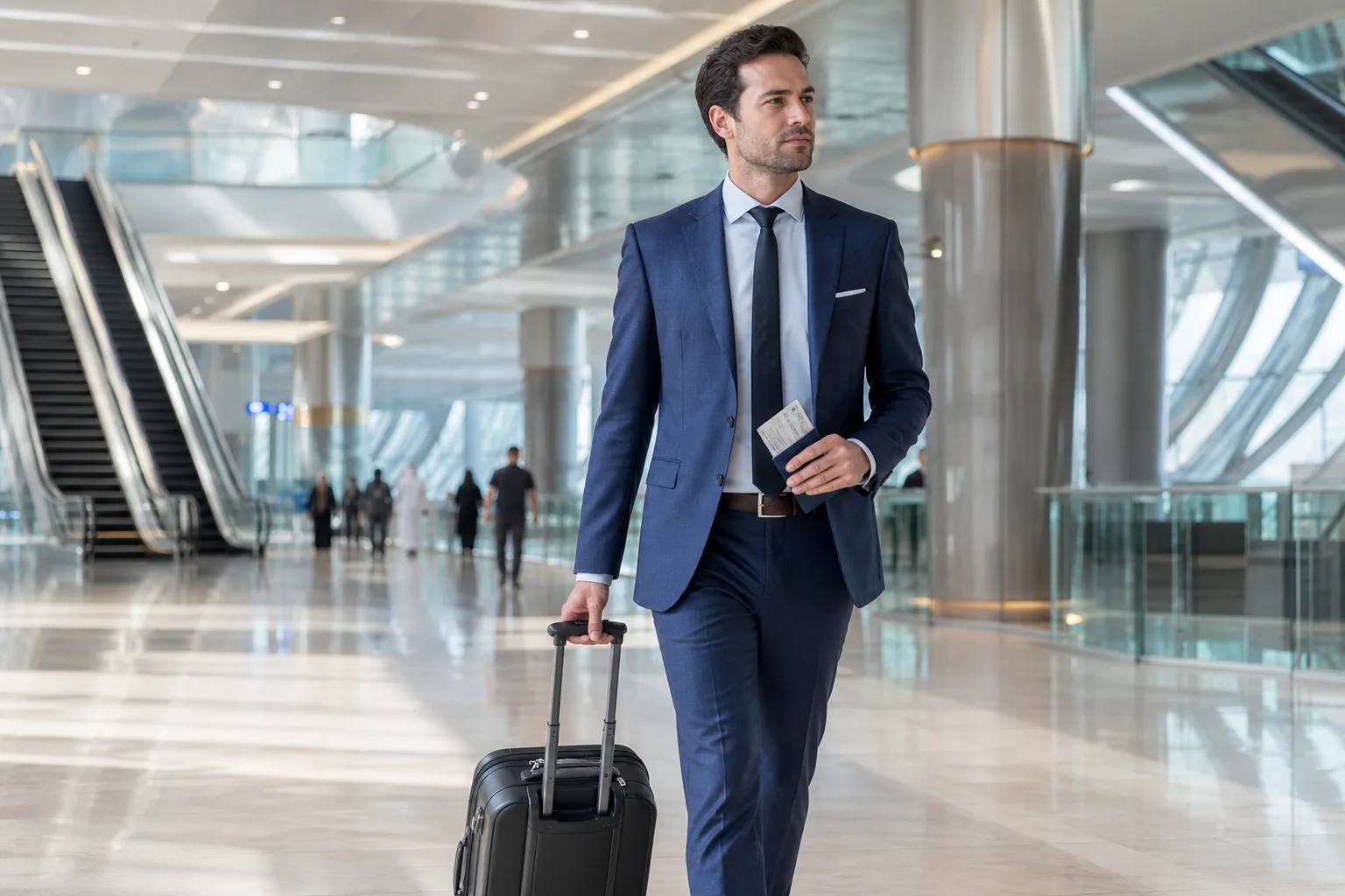 Business traveller passing through passport control in Dubai airport's modern terminal