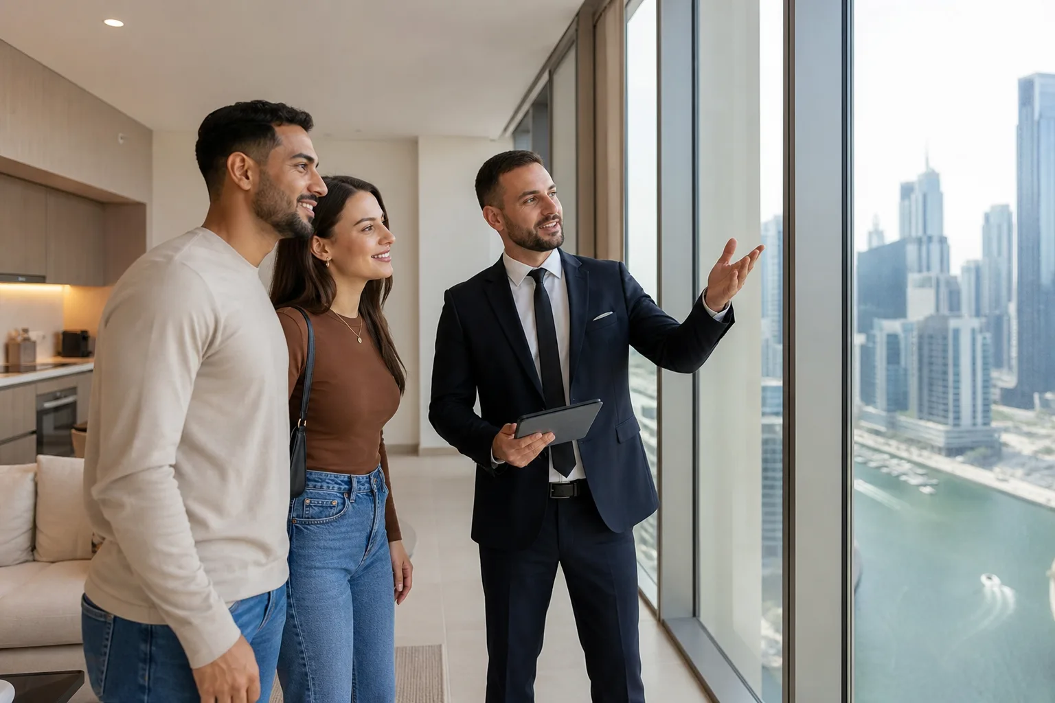 Jeune couple visitant un appartement à louer à Dubaï accompagné d'un agent immobilier devant une grande fenêtre