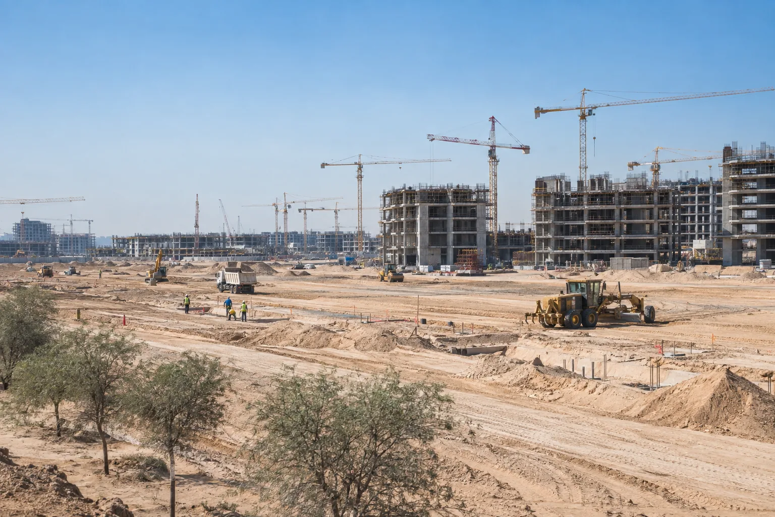 Earthworks on a vast desert plot along Al Ain Road, surveyors and graders marking out future parcels