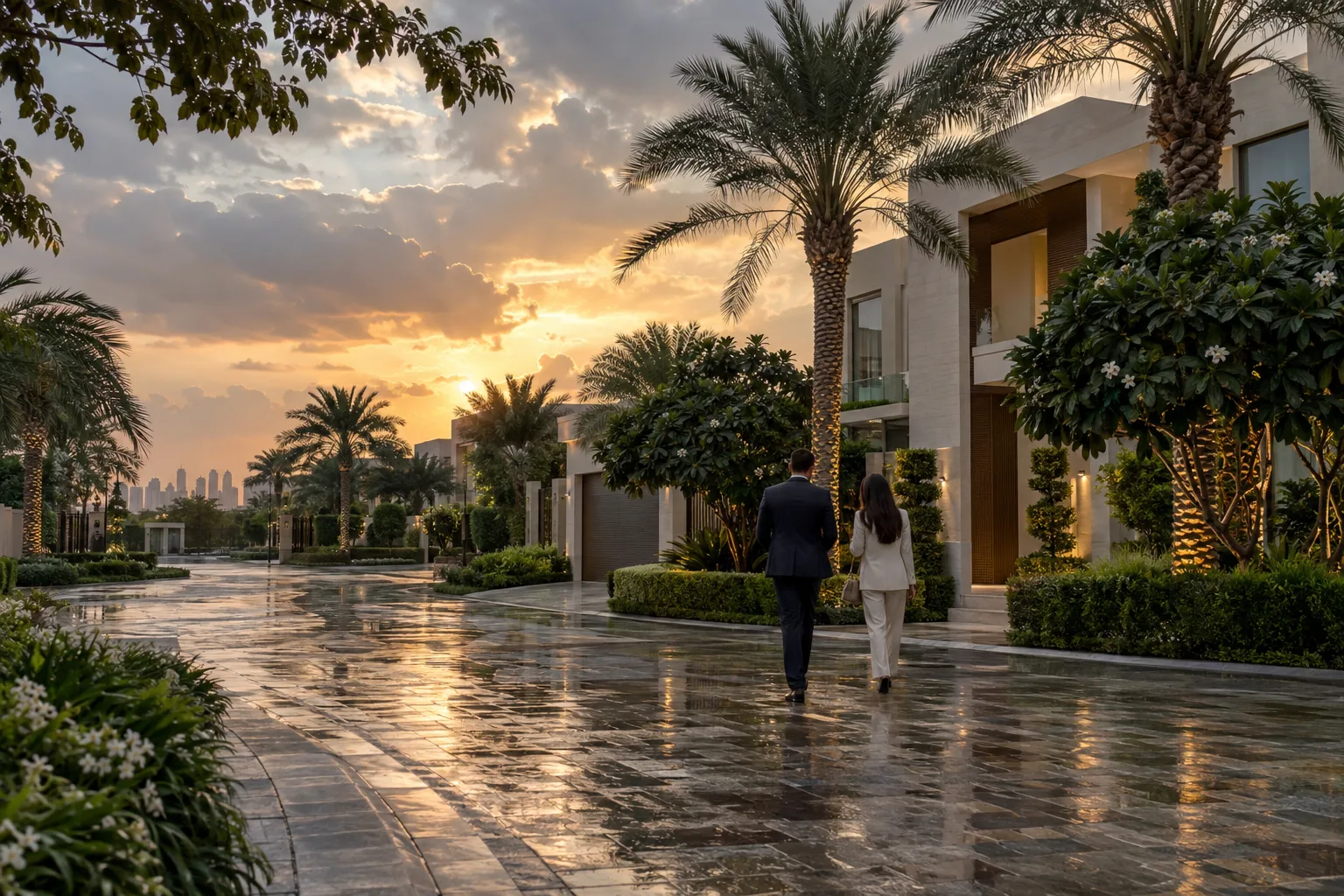 Buyer and adviser seen from behind on a tree-lined street in a luxury villa community in Dubai after the rain