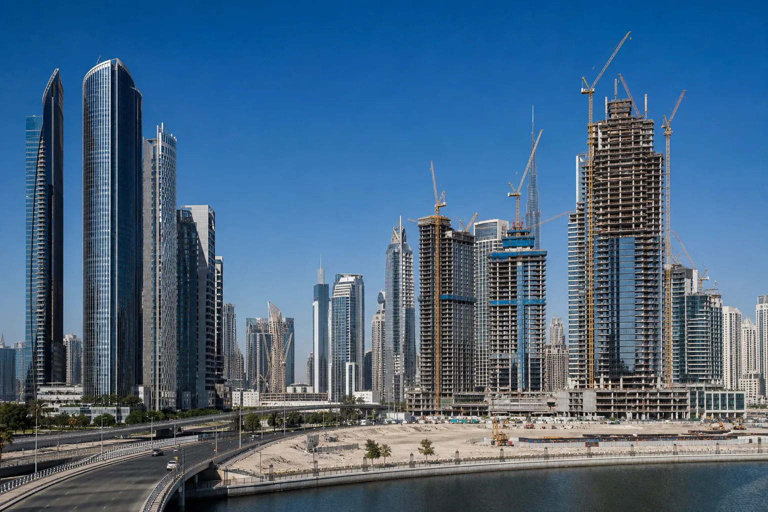 Obras de rascacielos en construcción en Business Bay con grúas y torres terminadas junto a nuevos edificios