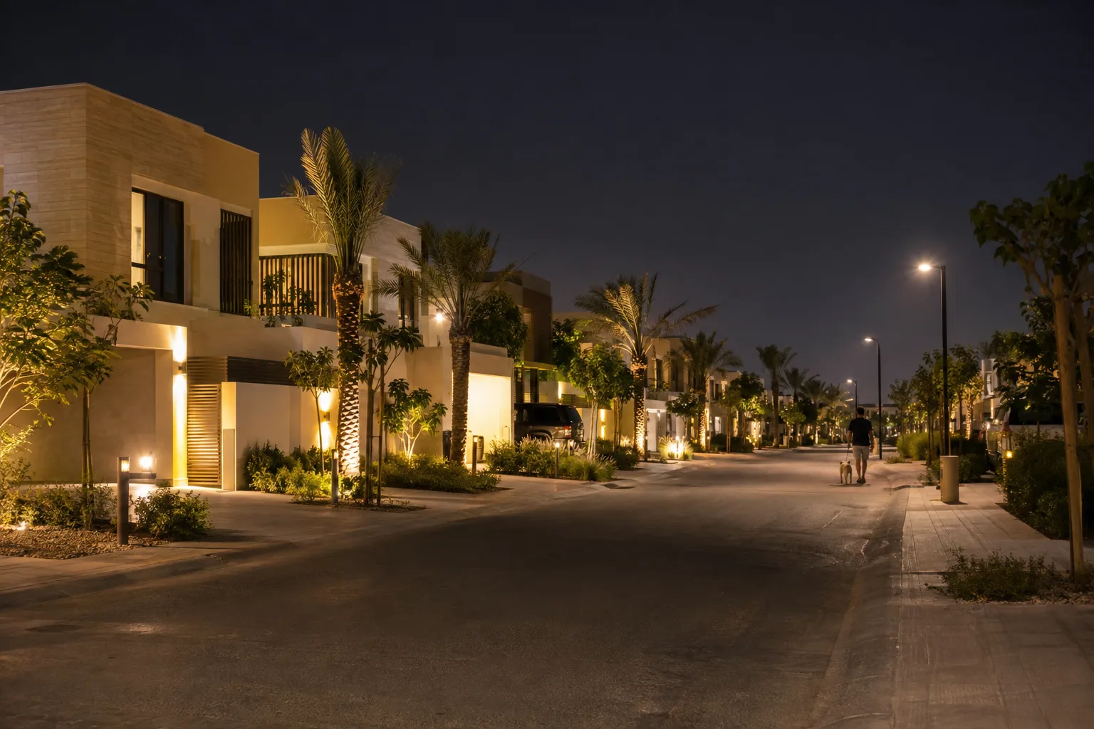 Residential street of new villas in Al Jurf Gardens at night, lit gardens and a distant silhouette