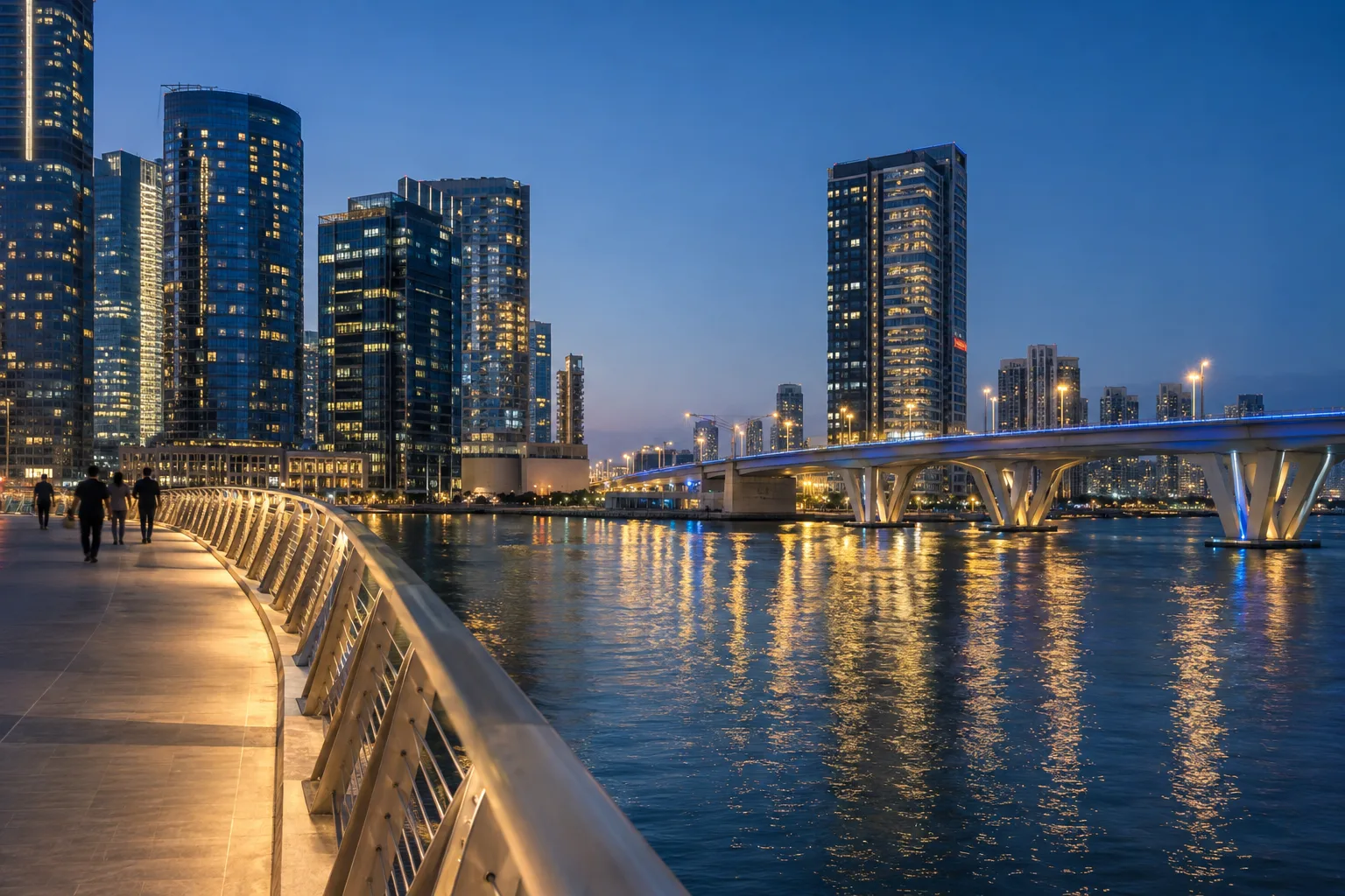 Footbridge and promenade on Al Maryah Island at blue hour, lit towers and strollers in silhouette