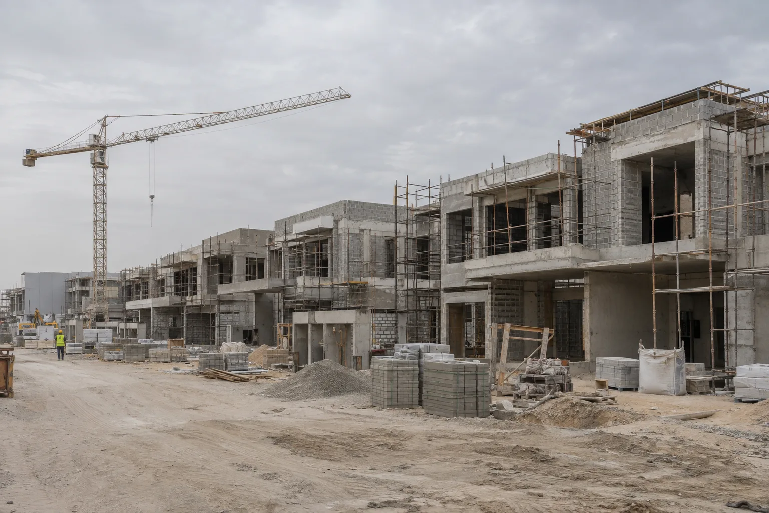 Row of unfinished villas in Al Bahyah, breeze-block walls, scaffolding and an idle crane under an overcast sky