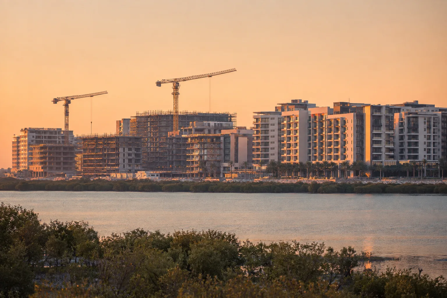 Newly delivered residential buildings next to construction sites with cranes, seen with a telephoto lens at sunrise in Abu Dhabi