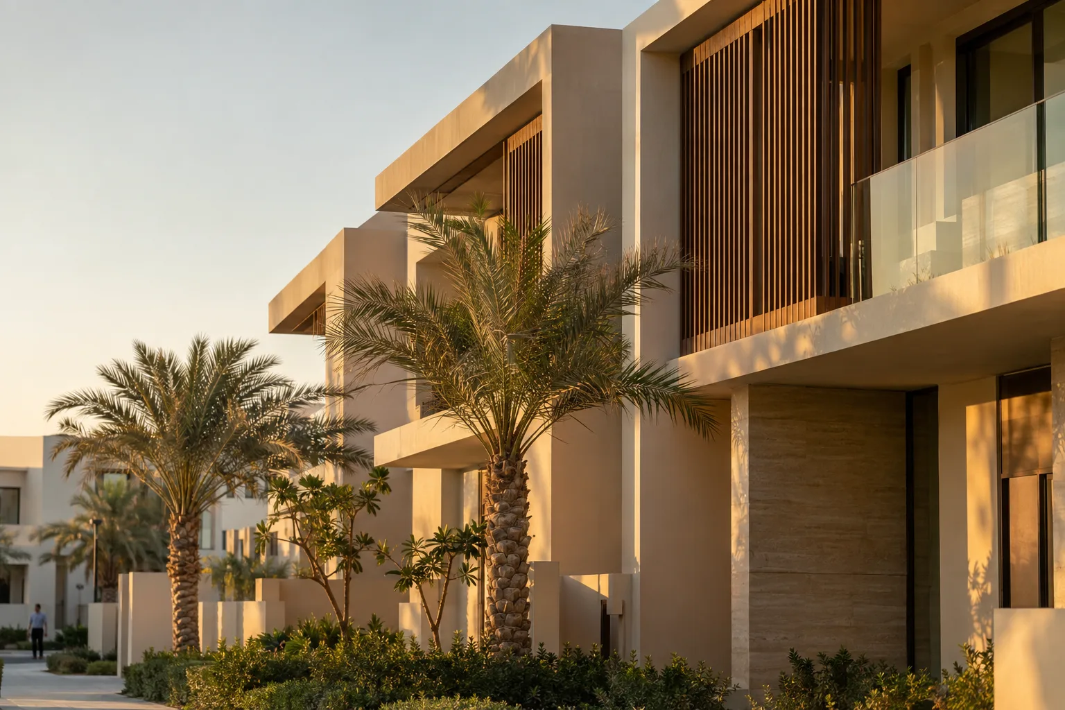 Facade detail of a contemporary sand-toned villa with wooden shutters in Al Jurf