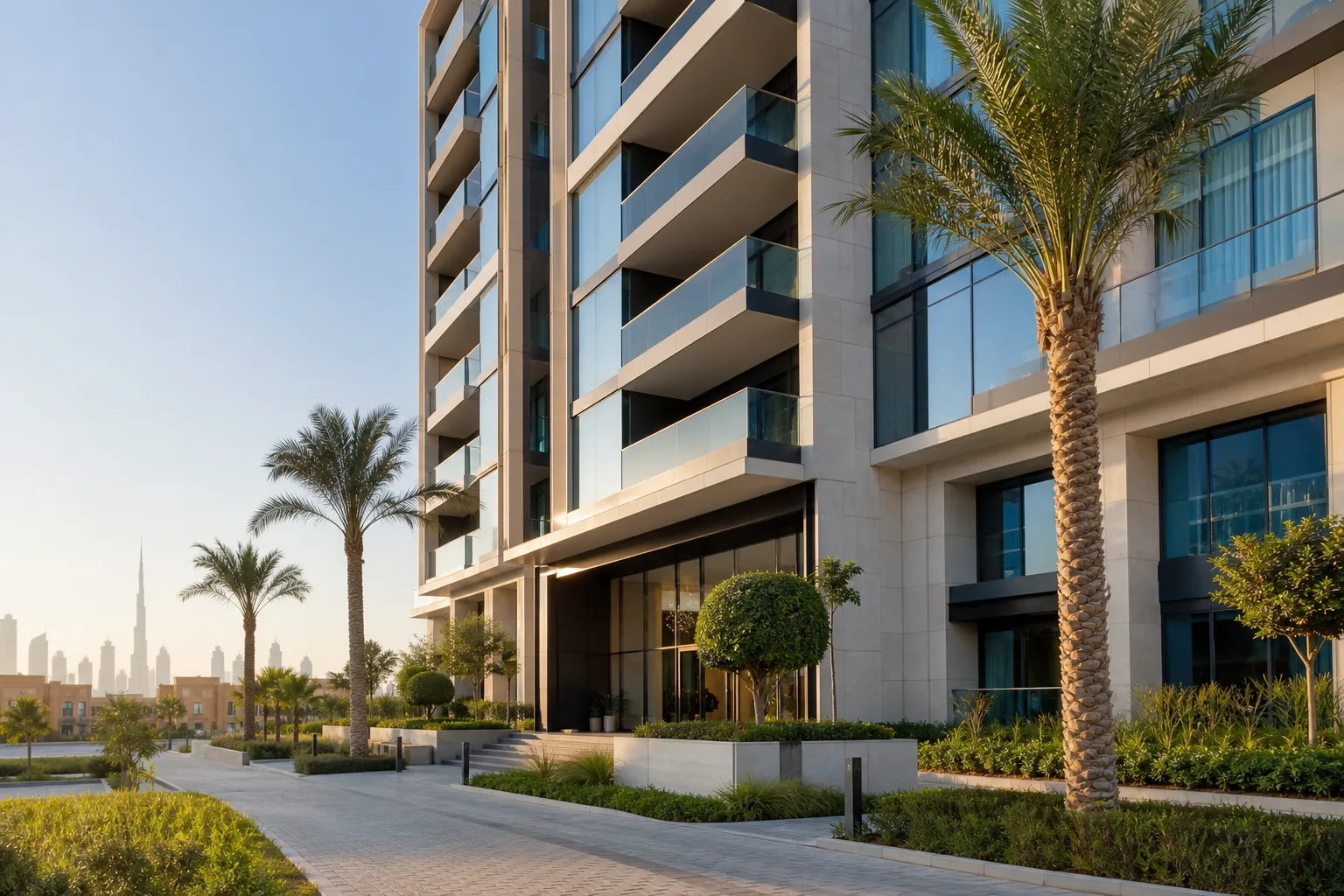 Completed off-plan residential building in Dubai with neat balconies and freshly finished landscaping