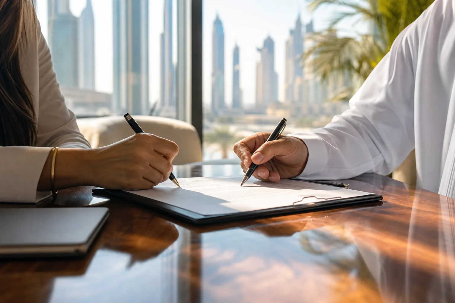 Deux personnes signant des documents à une table en bois avec un stylo, dans un bureau raffiné baigné de lumière à Dubaï