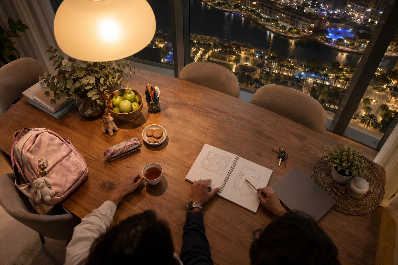 Family table seen from above in the evening: a child's school bag, keys and a sketchbook of floor plans
