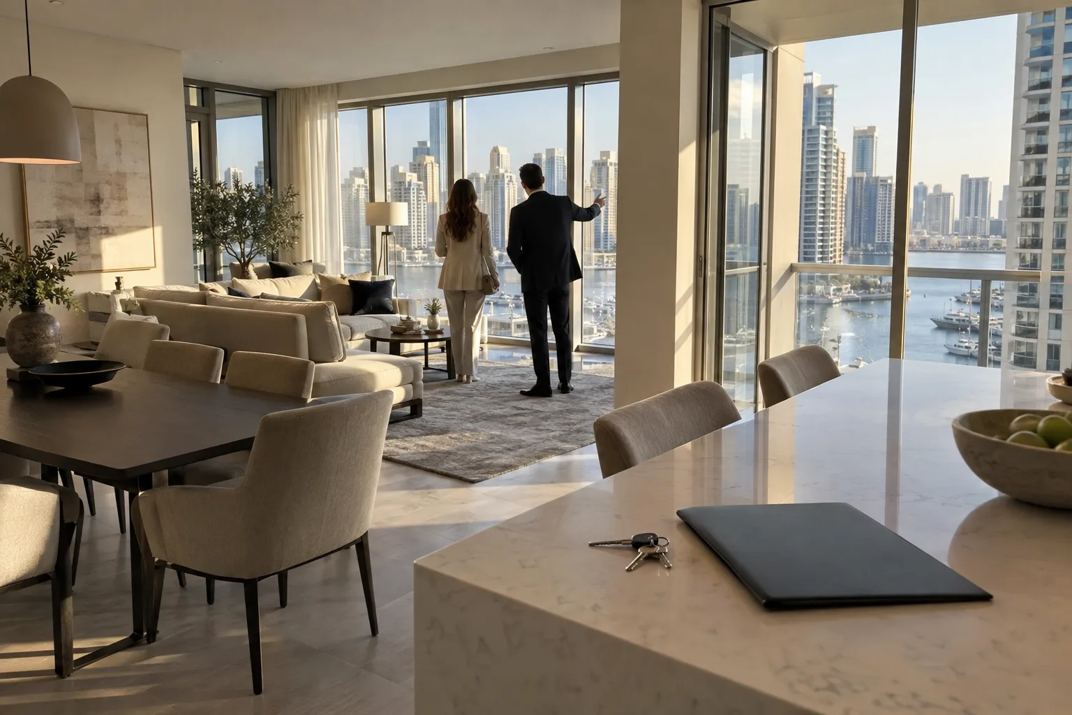 Viewing of a completed, furnished apartment in Dubai, a buyer seen from behind with an advisor in the bright living room
