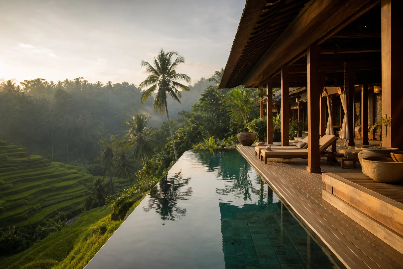 Villa tropicale sur pilotis surplombant les rizières verdoyantes d'Ubud à Bali