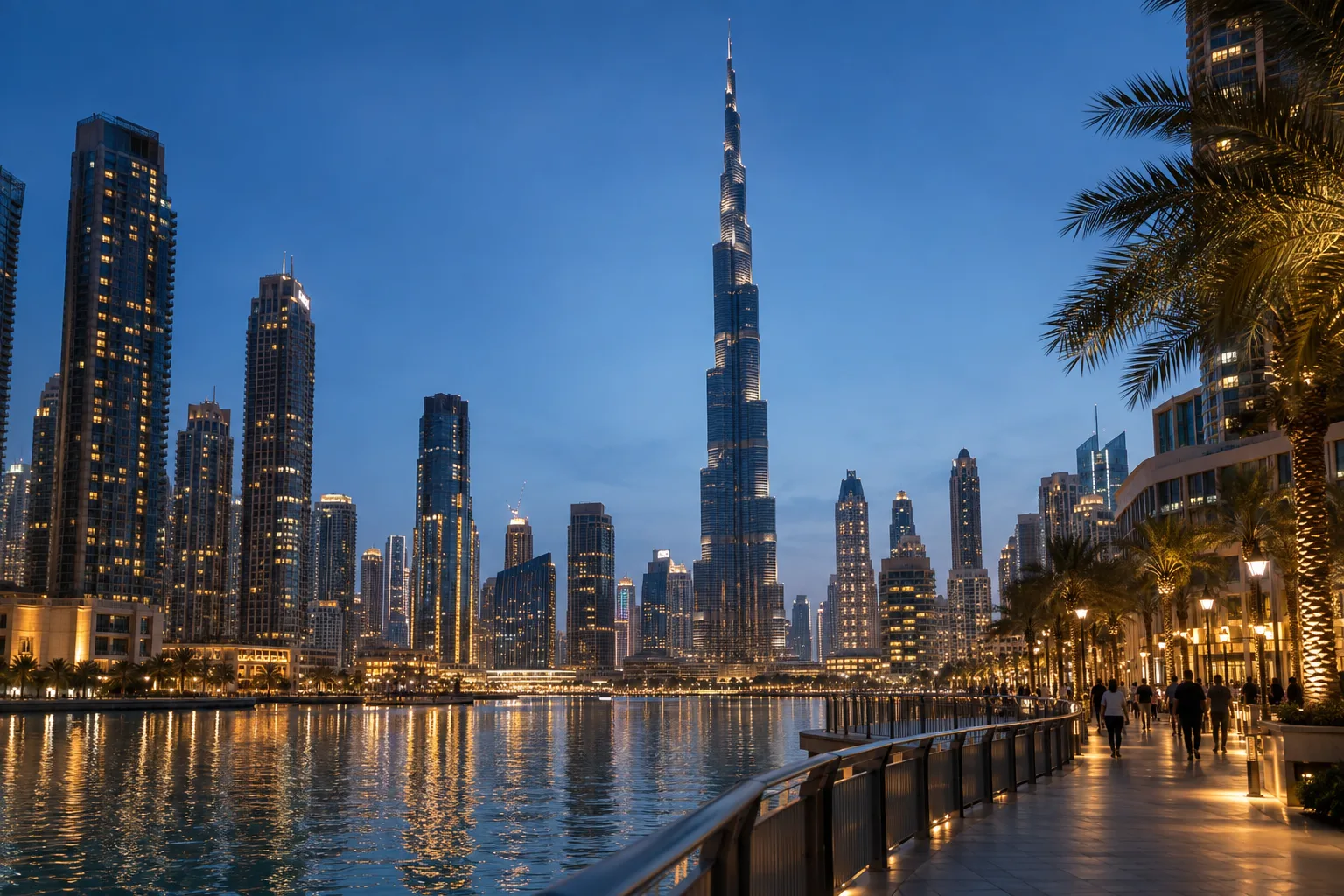 Silhouetted walkers by the Downtown Dubai lake at blue hour, illuminated residential towers