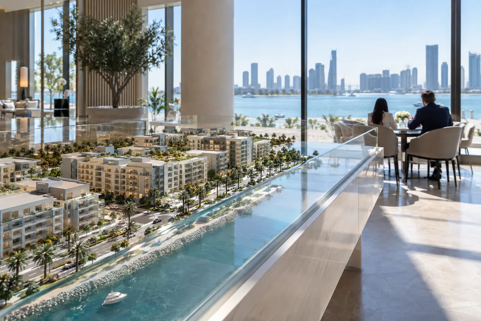 Buyer and adviser seen from behind near a residential project model in a sales gallery