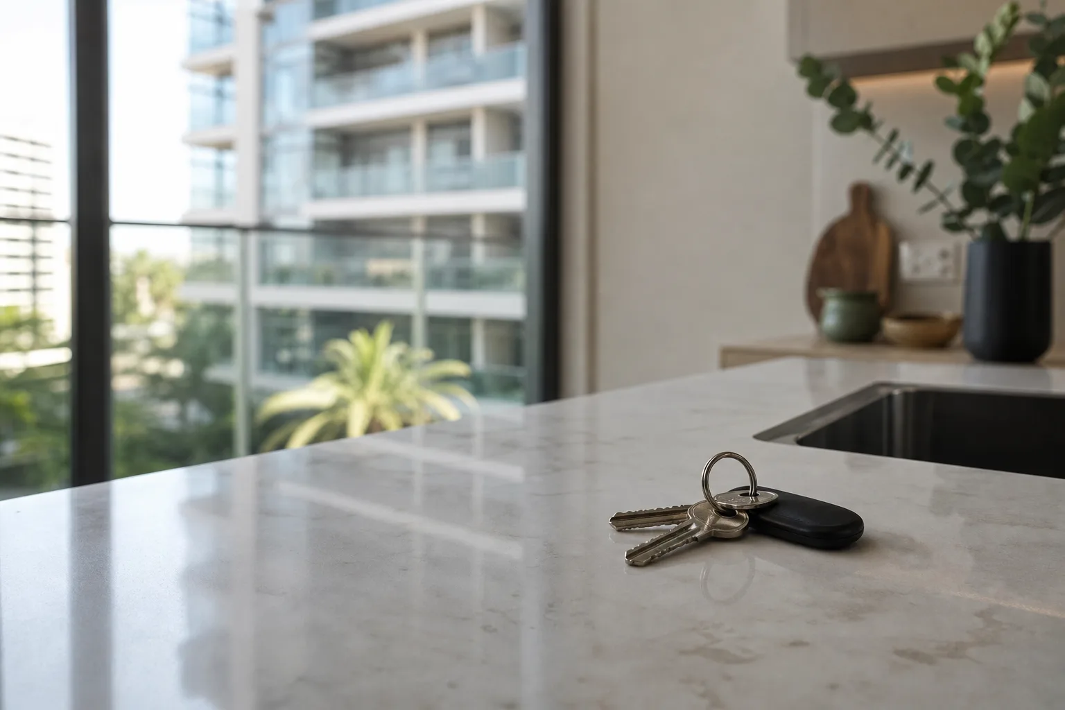 Clés d'appartement posées sur un plan de travail près d'une fenêtre donnant sur un immeuble résidentiel
