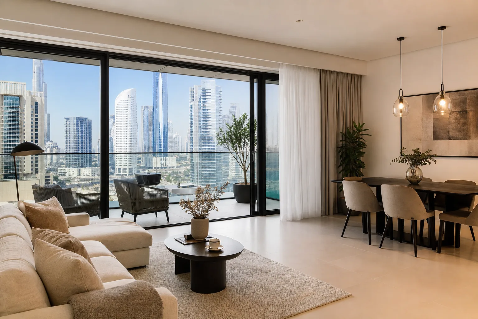 Vue d'un appartement meublé loué avec balcon donnant sur les tours de Business Bay