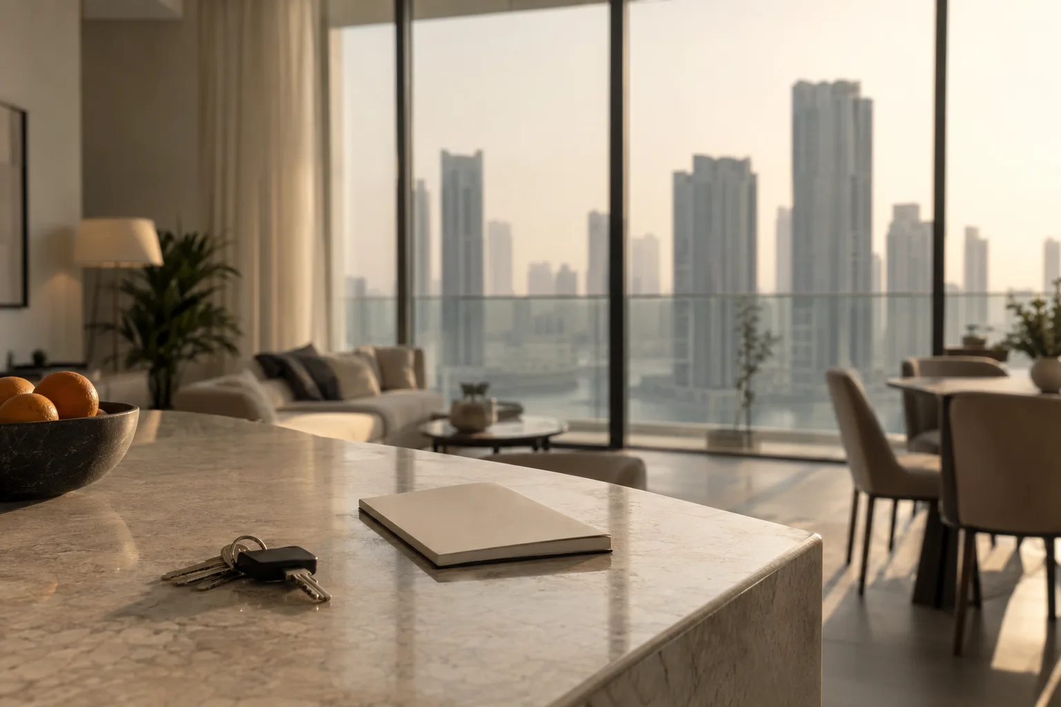 Keys on a pale stone kitchen counter in a Reem Island apartment